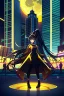 Placeholder: girl, masterpiece, best quality, cinematic lighting, detailed outfit, perfect eyes, black hair, golden eyes, long hair, ponytail, girl standing in a modern cityscape at night with a bright yellow moon in the background, detailed cityscape illustration, neon lights, vibrant colors, dramatic lighting,