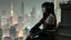 Placeholder: cyber-goth warrior woman in black lips, black cyber-goth clothes sitting on rooftop in matrix city, left profile , utopistic scifi, dark colors, random matrix city background, high detailed, high realistic