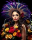 Placeholder: Photorealism Studio lightning perfection body beautiful pretty supermodel luxury glamours makeup artistic,wearing adorned large hat Mariachi mexican fashion Adorned Majestic feathers, fiery purples, deep blues, stark black bg, assortment of roses, full bloom, yellow, red, contrast, artistic flair, intricate details, textures, natural beauty, harmonious blend, adorned flowers background