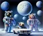 Placeholder: little boy and big teddy bears on moon. drifting in old bmw. oil on canvas