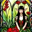 Placeholder: Stained Glass Art Nouveau art style A beautiful as a model asian woodland elf princess who looks like a young Lucy Liu seated on a throne surrounded by poppies and marijuana plants in a mystical forest, photo-realistic