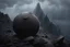 Placeholder: a big rocky clay sphere is broken and stuck atop the tip top of a lonely mountain's peak, shrouded in mist. cinematic lighting, artstation, grim mood