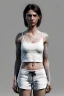 Placeholder: Ultra Realistic image, 25 years old brunette woman, Madrid, portrait, small stature, small chest, yakuza body tattoo, white broken cotton short undershirt, black latex short, vibrant color, highly detailed, art stations, concept art, smooth, unreal engine 5, god rays, ray tracing, RTX, lumen lighting, ultra detail, volumetric lighting.