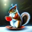 Placeholder: squirrel drinking warm tea amidst hazy twisted magical foliage growing from icy waters