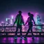 Placeholder: Silhouette Of A Hip Hop Couple Wearing Neon Futuristic Clothes Dancing In Hip Hop Style On A Rooftop With A Futuristic City At Dark Heavy Rainy Night And Futuristic Lights Showing Dramatic And Cinematic Ambiance.