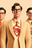 Placeholder: three men in different Gucci Superman's emblem clothing, beige tones, fashion plates, modern designa, deconstructed tailoring, rendered in cinema4d –q 2 –ar 3:5