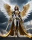 Placeholder: Length image An photography epic and realistic photography full body image of, a beautiful queen,cyborg a film character with large white wings, holding a shining golden sword, wearing colors mechanical Warcraft armor with gold details,luxury booth shoes, against a background of a cloudy sky with sunlight breaking through the darkness clouds,thunderstorm, in a stand dramatic pose, looking like a hero ready for an epic adventure.