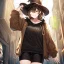 Placeholder: Clear focus, High resolution, short brown spiky hair, hair between eyes, eyes closed, wearing a brown detective hat, wearing a brown jacket and a black shirt, wearing black shorts, 1girl, pulling hat down, smiling, wearing a oversized hoodie