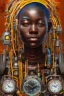 Placeholder: african portrait in rusted clocks, rust, scaffolding, ghana colours, cyberpunk, high detail