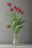 Placeholder: Sprouts of young tulips in a clear vase with water on gray background