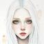 Placeholder: A young woman with long white hair, white eyebrows, light grey eyes, long eyelashes, very pale, ((very shy)), watercolor splotchy background, soft brushstrokes, intricately detailed