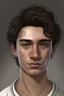 Placeholder: Realistic young man with short brown wavy hair, light grey skin, four black eyes, freckles, smirk, golden earrings, black flannel, white t-shirt, black necklace