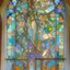 Placeholder: A big Art Nouveau stained-glass window in an Art Nouveau villa by artist "Alphonse Mucha"