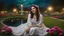 Placeholder: Hyper Realistic Photographic Close View Of Pakistani Pashto Young Woman [Age 24] Happily Sitting On A Beautiful Green Grass Wearing A Beautiful White Dress Inside A Colorful Flower Garden Near A Water Pond With Water Fountain Between The Pond With Artist Street Lamps Surrounding The Pond At Dark Cloudy Full Moon Night Showing Dramatic And Cinematic Ambiance.