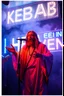 Placeholder: An "Kebab man" performing at dance club, his name is "Kebab man" and looks crazy, Jesus on stage, White and light blueNeon lights and smog, "KEBAB IN HEAVEN" SIGN ON WALL