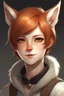 Placeholder: A young female with short red hair, gold eyes, large fox ears, slight smile, pale skin