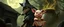 Placeholder: bad ninja wolf carrying a lovely scared wtf are you up to, pig girl with dress under his arms, big cauldron in the background in the style of escher and fallout 4