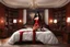 Placeholder: photorealistic Vampirella in a bedroom with wooden furniture, bookcases and opulence