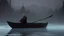 Placeholder: dark robe priest in a rowboat on the misty river