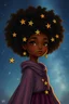 Placeholder: A scene from a fantasy book, where a girl with african american curly hair has an afro, and her afro is decorated with star charms. The background is the night sky.