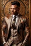 Placeholder: portrait of a 35 year old Handsome muscular male with light bronze skin adorned with tattoos. wearing an expensive suit. photorealistic