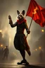 Placeholder: french aardwolf clown acrobat man holding reflective transparent burning flag, painting by Rembrandt, with motion blur city background, and volume light fog with sunlight rays