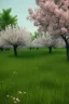 Placeholder: pommiers en fleurs, prairie, vray, rendu houdini