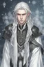 Placeholder: a young high elf frost Wizard with long wiry hair, wearing a black trimmed white nobleman's robe and frost ornaments on clothes