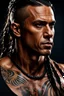 Placeholder: portrait of a 35 year old Handsome muscular warrior with tanned skin adorned with tattoos and dark braided hair. photorealistic