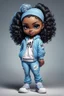 Placeholder: Create an airbrush image of a curvy chibi cartoon black female wearing a light blue jogger set and black sneakers. Prominent make up with hazel eyes. Extremely highly detailed of messing curly bun