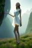 Placeholder: elven young woman, wearing light dress, happy expression, visible ultradetailed armonious cute femine face, visible and ultradetailed body with legs and feet exposed, luminous weather, field in the mountains, ultra realistic, concept art, intricate details, highly detailed, photorealistic, octane render, 8 k, unreal engine, art by artgerm and greg rutkowski and charlie bowater and magali villeneuve and alphonse mucha