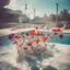 Placeholder: anemones in a swimming pool, old damaged white polaroid, sunny day, vivid colors, bokeh effect
