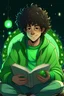 Placeholder: Anime slightly chubby Mediterranean man with medium dark skin and very short very curly dark brown hair, wearing a green sweater, reading about astrology, dreamy and happy night time