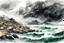 Placeholder: an abstract ink wash and watercolor illustration of a storm tossed, highly detailed coastal fishing village in the Lofoten Isalnds , with ominous thunderheads and pounding surf , finely drawn and inked, 4k, hyper detailed and vibrantly colored