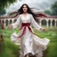 Placeholder: Hyper Realistic Photographic-View of Extremely-Beautiful Young Happy Pashto Girl With Long-Black-Hair-Beautiful-Eyes-&-white-frock-with-maroon-ribbon-tied Enjoying-Happily-&-Whirling in heavy rainfall with cloudy weather in-a-garden-with-grass-arches showing dramatic & cinematic ambiance.