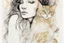 Placeholder: long haired woman with cat, white watercolor and black ink, golden glitters