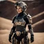 Placeholder: futuristic beautiful caucasian half cyborg female soldier, black metal body and limbs, scratched sand camo metal details, short brunette wavy bob haircut, dystopian, desert scene