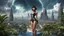 Placeholder: Photorealistic, full Body Photo Of A slim Exotic Sci-Fi Pin-Up Girl, With dark Hair and Bangs, on an alien jungle Planet With Cloud Trees, Tall Spires, Buildings, Bridges, Arches, a stormy skyline, with lightning