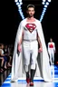 Placeholder: A guy on a fashion runway with Kryptonian Superman design clothes white tones