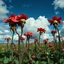 Placeholder: Photography of a landscape with spooky creepy monster flowers, surreale, Max Ernst, Yves Tanguy, Henry Rousseau, natura morta, glossy, obsessive, intricate, creepy nightmare, organic, strong texture, figures, hypnotic, blue sky, clouds, hasselblad h6d400c --ar 85:128 --v 6.0, paranoic, fake, obsessive, hypnotic