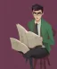 Placeholder: Fit man in round glasses with bookshelf in background,no beard, reading book, slim, tie, monotone, green eyes, comic book style, two tone colours, detailed, ink, realistic, handsome, square jaw, big brows, no jacket, bird on the shoulder, spotlight