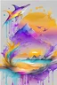 Placeholder: 2:3 Full size, watercolor on transparent background paper, chromatic, zoom, sharp, splash of colors on a white background, a detailed golden purple sunset fire style, detailed shark, owl, Miami Beach with light blue water, Mountains, graffiti elements, powerful zen composition, dripping technique, & the artist has used bright, clean elegant, with blunt brown, 4k, detailed –n 9, ink flourishes, liquid fire, clean white background, zoom in, close-up,