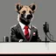 Placeholder: Hyena in a suit and tie, as an announcer sitting at the transmission table with a microphone presenting a newscast. Banksy cómic style. Ultra quality. White, red and Black colors