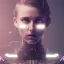 Placeholder: singer Danish MØ face, lumen lighting, led lights, <hanging wires> many wires connected to the head<perfect pupil> <cyborg> <garage> <sci-fi futuristic>