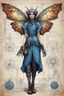 Placeholder: Jean-Baptiste Monge style hand drawn technical,full body portrait illustration , with detailed blueprints and engineering schematics of a walking hybrid Atlas moth insect girl, with highly detailed facial features with multi cellular eyes, drawings, and technical notation, 8k, vibrant natural colors