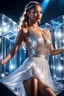 Placeholder: upper body closeup of very beautiful lady skirt and bluse , Braided hair ,dancing in stage inside of a 3d crystal cube lovely light reflections pretty makeup,full cube shot