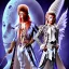 Placeholder: david bowie, one male model, white owl feather fancy clothes, Jim Henson's The Labyrinth, Jareth the goblin king, crystal ball in hand, wearing spandex grey leggings with a crotch bulge