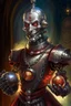 Placeholder: book illustration, oil painting portrait of slightly knightly smirking robot vampire holding magical ball in chain, bokeh , high detail, smooth render, prize winning