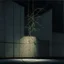 Placeholder: Minimal abstract oil painting of a plant in concrete warehouse brutalist architecture and hanging wires illuminated at night.In the style of Frances Bacon