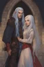 Placeholder: A couple, from the dnd game curse of Strahd. The woman has long white hair and blue eyes, the man has LONG BLACK hair and red eyes, no facial hair. He is standing protectively behind her.